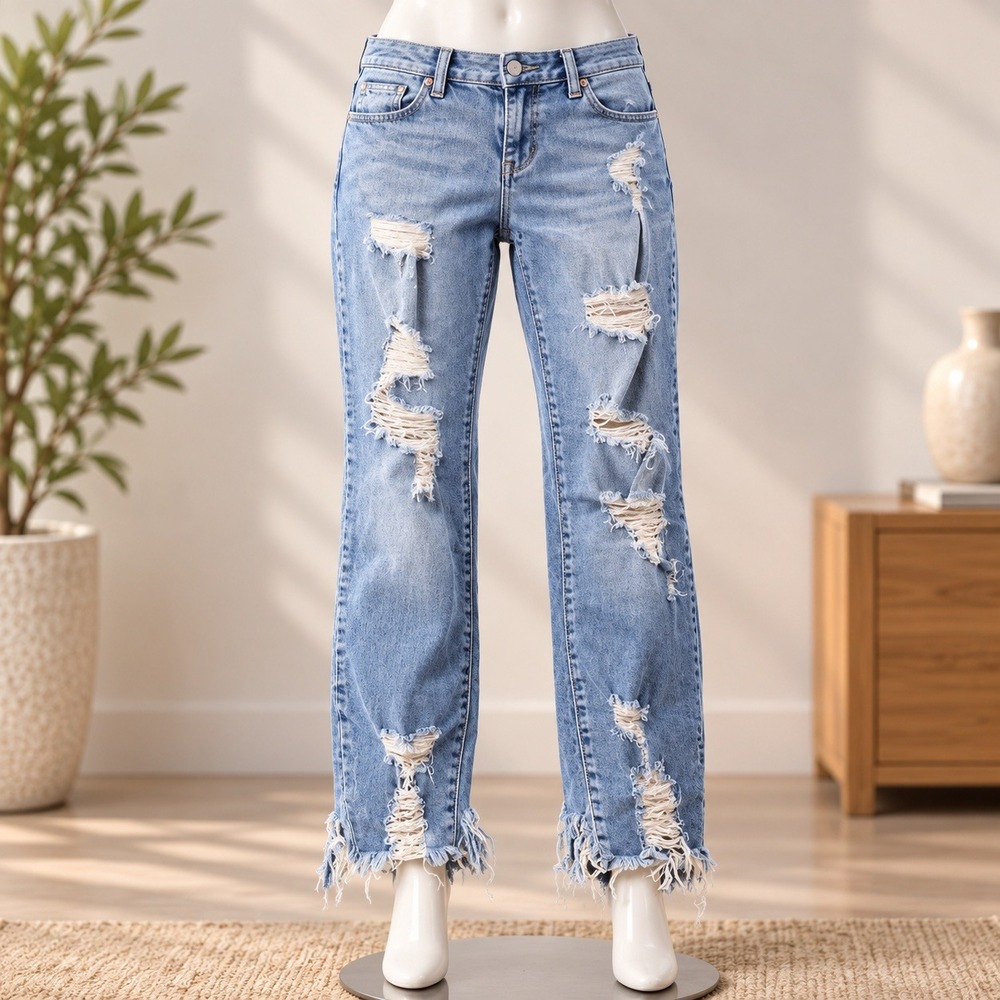 Cello Distressed Skinny Jeans Womens 7 Blue Frayed Hem Heavy Ripped Denim